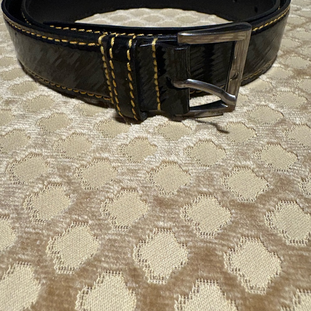 Prada Black Patent Leather Belt with Yellow Stitching